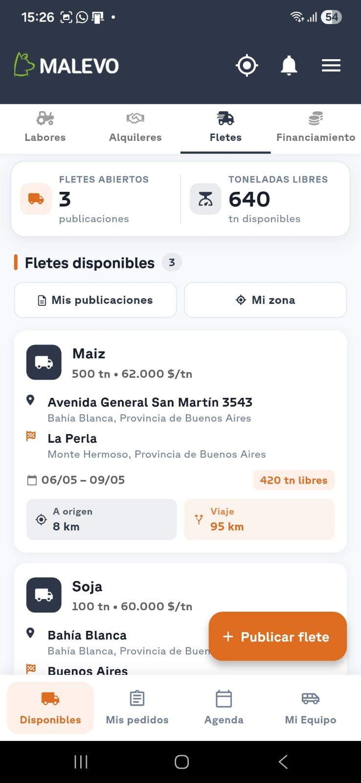 Listado de fletes disponibles