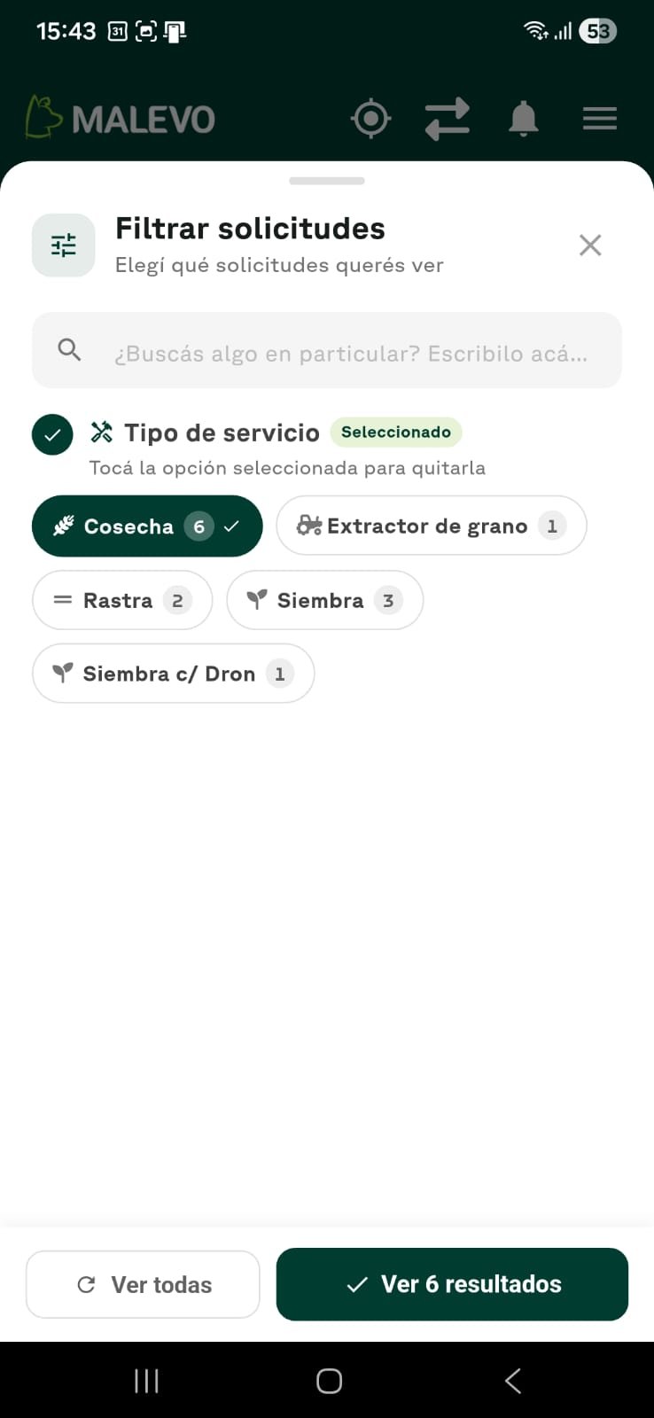 Filtro de solicitudes por tipo de servicio