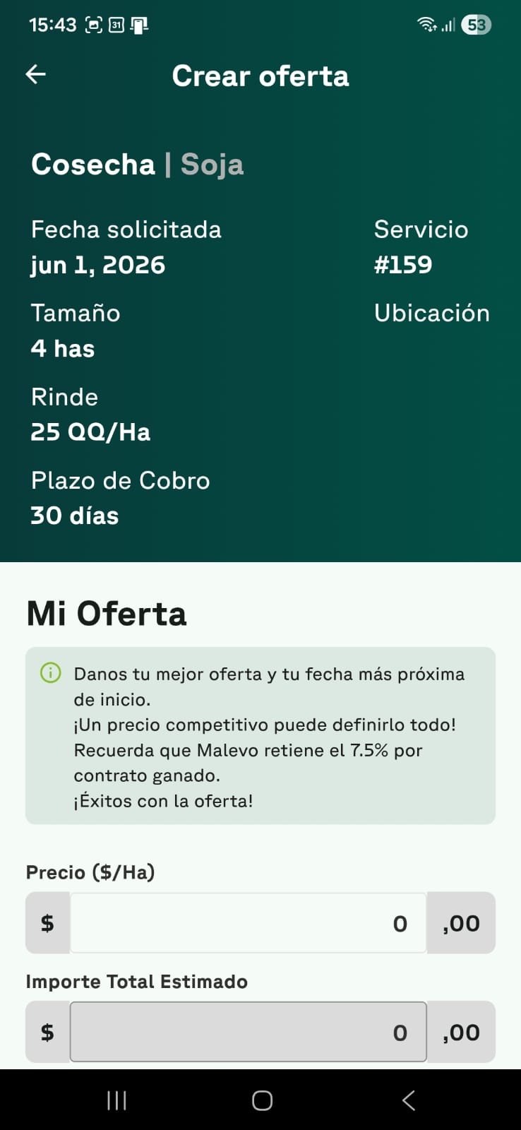 Pantalla para crear una oferta